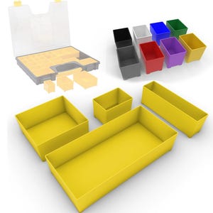 May include: A clear plastic organiser with a grey base and yellow compartments, alongside several individual yellow and coloured storage bins. The bins are in various colours including black, white, red, purple, blue, green, and yellow.