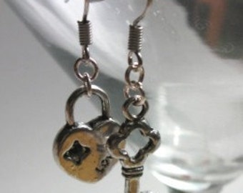Key To My Heart  Earrings - Silver Key and Lock Heart Dangle Earrings