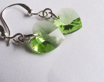 Green Swarovski Crystal Earrings, Green Crystal Heart Earrings, Green Earrings, Peridot Earrings, Wedding, Bridal, Bridesmaids