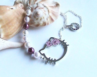 Silver and Pink Pearl Kitty Cat necklace - Cute Kitty necklace