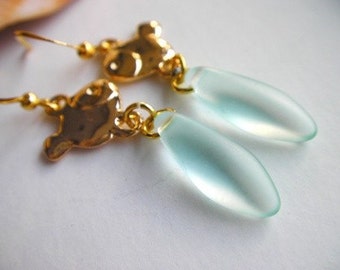 Kissing Fish Earrings, Gold Fish Dangle Earrings, Blue Fish Earrings Fish Earrings, Frosted Glass Beaded Earrings, Blue Earrings