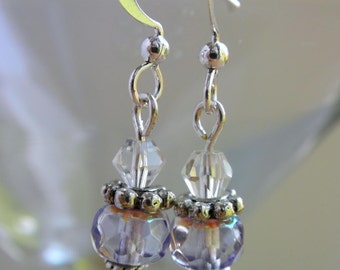 Silver Beaded Lilac Twinkle Earrings - Light purple, Mauve Dangle