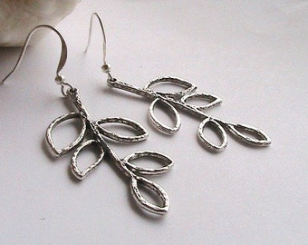 Silver Leaves Dangle Earrings, Leaf Earrings, Leaves Silver Earrings, Nature, Long Dangle Earrings, Wedding, Bridal, Bridesmaids