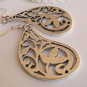 Detailed Ornate Silver Earrings Dangle Tear Drop Shape, filigree image 1