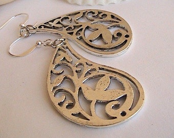 Detailed Ornate Silver Earrings - Dangle Tear Drop Shape, filigree