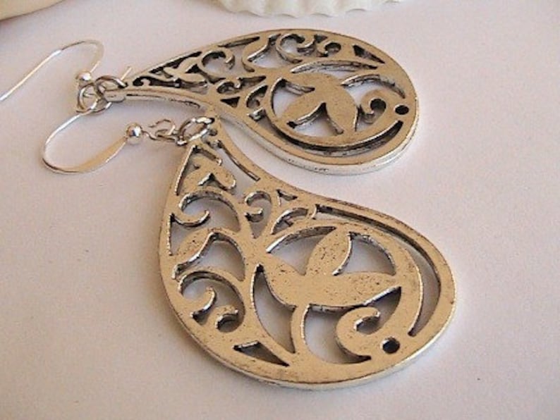 Detailed Ornate Silver Earrings Dangle Tear Drop Shape, filigree image 1