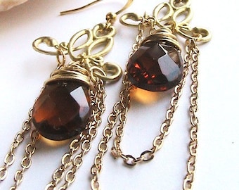 Golden Droplet Earrings - Bridal Wedding Bridesmaids, Amber Brown Earrings, Gold Dangle Earrings, Sophisticated, Elegant, Classy