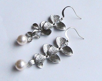 Silver Orchid Earrings, Bridal Earrings Bridal Jewelry Personalized Bridesmaid Earrings Bridesmaid Jewelry