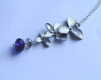 Sapphire Blue Flower Necklace - Royal Blue Necklace, Wedding Party, Bridal Jewelry, Bridesmaids, Silver Trillium Flower, Orchid