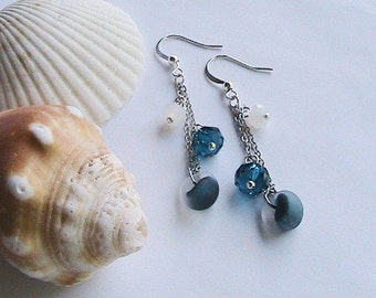 Teal Green Frosted Glass Dangle Earrings, Peacock Blue, Turquoise Earrings