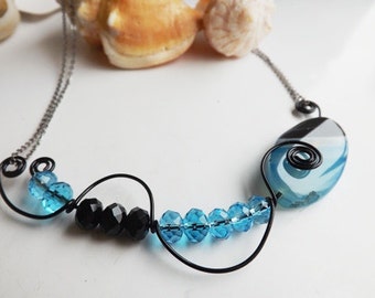 Blue Agate Necklace - Black Agate Necklace, Blue Crystal Necklace, Choker Nekclace, Blue Agate, Handmade one of a kind Necklace, Blue Stone