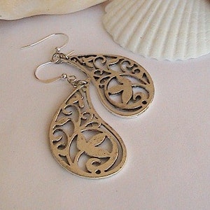 Detailed Ornate Silver Earrings Dangle Tear Drop Shape, filigree image 2