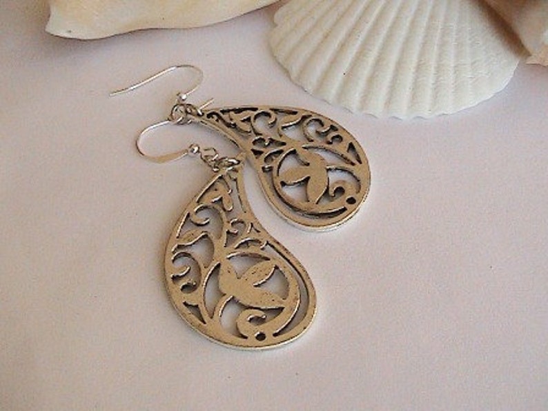 Detailed Ornate Silver Earrings Dangle Tear Drop Shape, filigree image 2