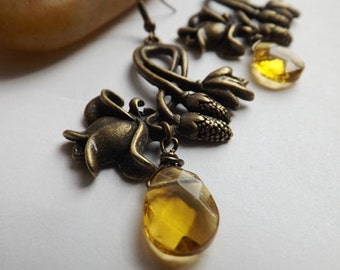 Ornate antique brass Floral Earrings, Acorn Earrings, golden drop bead, amber, long dangle earrings, wire wrapped