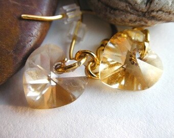 Gold Swarovski Crystal Earrings, Golden Shadow, Light Amber, Heart earrings, Love, Wedding, Bridal Party, Bridesmaids