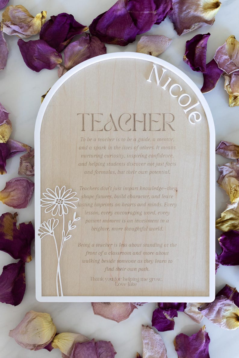 Puede incluir: Una placa de madera arqueada con borde blanco que presenta el nombre Nicole en letra cursiva blanca en la parte superior. El texto dice Teacher seguido de un p&aacute;rrafo sobre la ense&ntilde;anza y la frase Thank you for helping me grow. Love Jake. Un dise&ntilde;o floral blanco est&aacute; a la izquierda.