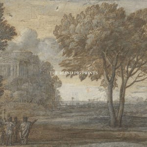 May include: A sepia-toned drawing of a landscape with a classical building in the background, trees in the foreground, and a group of figures in the centre.