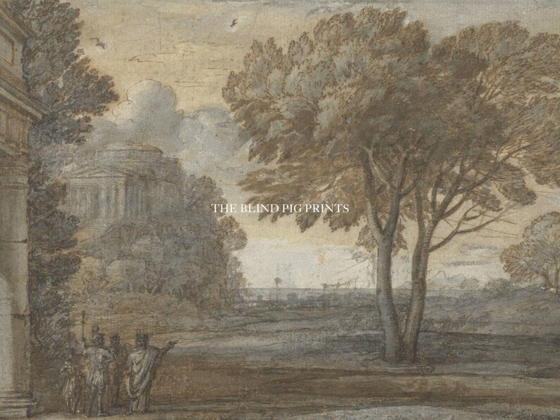May include: A sepia-toned drawing of a landscape with a classical building in the background, trees in the foreground, and a group of figures in the centre.