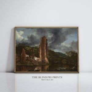 Moody Castle Ruins Print | Vintage Art | Watercolour Oil Painting Print | Digital Download Wall Art