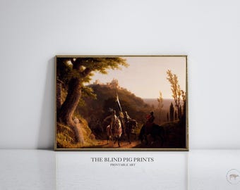 May include: A framed print of a classical landscape painting. The artwork depicts riders on horseback traveling along a path, with a castle in the background. The print has a gold frame and the text "THE BLIND PIG PRINTS PRINTABLE ART" at the bottom.