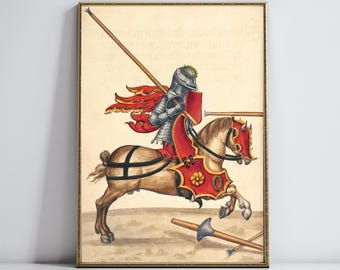 May include: A framed print depicting a medieval knight on horseback, in a vintage style. The knight wears silver armour with red details, holding a lance. The horse is brown with red and gold decorations. The text at the bottom reads "THE BLIND PIG PRINTS PRINTABLE ART."
