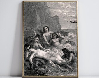 Vintage Mermaid Print | Medieval Fantasy Wall Art | Printable Digital Art | Bathroom Art | Nautical Decor