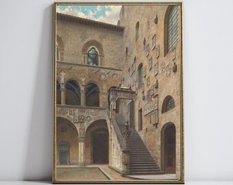 Courtyard Architecture Print | Light Academia | Vintage Interior | Architecture Painting | Antique Wall Art | Digital Download Wall Art