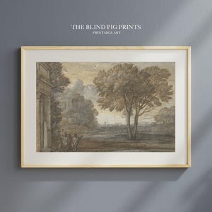 May include: A sepia-toned print of a landscape scene with a building in the background, trees in the foreground, and a group of figures in the distance. The print is framed in a light wood frame.