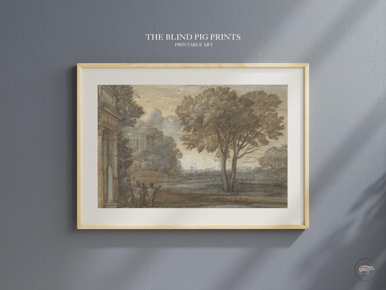 May include: A sepia-toned print of a landscape scene with a building in the background, trees in the foreground, and a group of figures in the distance. The print is framed in a light wood frame.