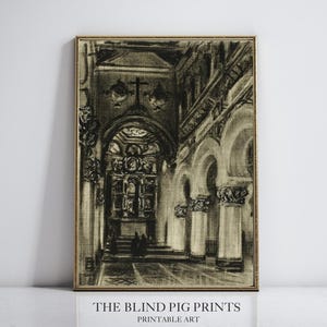 Church Architecture Print | Dark Academia | Vintage Interior | Architecture Painting | Antique Wall Art | Digital Download Wall Art