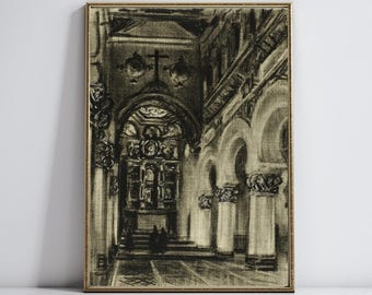 Church Architecture Print | Dark Academia | Vintage Interior | Architecture Painting | Antique Wall Art | Digital Download Wall Art