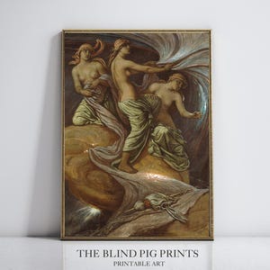 May include: A vintage painting depicting three women in flowing robes, standing on a large, golden orb. The women are set in a swirling, ethereal setting, with a soft, muted colour palette.
