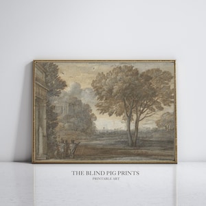 May include: A sepia-toned landscape painting depicting a classical building with trees and a sky with clouds. The painting is framed in a gold frame.