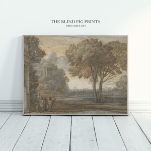 May include: A sepia-toned print of a landscape with a building in the distance, trees, and figures in the foreground. The print is titled "The Blind Pig Prints, Printable Art".