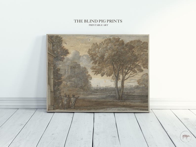 May include: A sepia-toned print of a landscape with a building in the distance, trees, and figures in the foreground. The print is titled "The Blind Pig Prints, Printable Art".