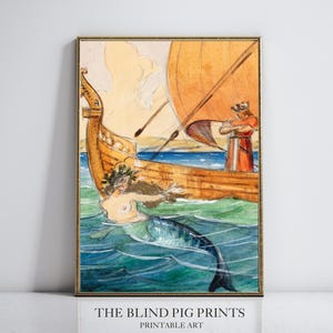 Vintage zeemeerminprint | Middeleeuwse fantasiekunst aan de muur | Afdrukbare digitale kunst | Badkamerkunst | Nautisch decor