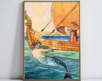 ヴィンテージ マーメイド プリント | 中世ファンタジー ウォール アート | 印刷可能なデジタル アート | バスルーム アート | 航海用装飾