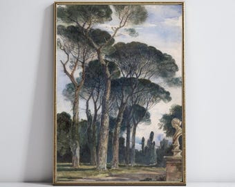Greece Landscape | Cypress Trees Print | Light Academia | Vintage Aesthetic | Watercolour Art | Antique Wall Art | Digital Download Wall Art