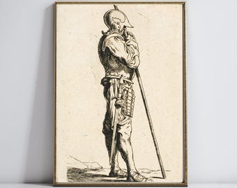 May include: A black and white line drawing of a soldier in armour holding a spear. The soldier is standing with his right leg forward and his left leg back. He is wearing a helmet with a plume and a breastplate with a belt. The drawing is on a white background.