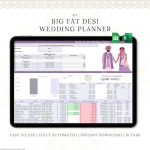 My Big Fat Desi ウェディング プランナー | Excel スプレッドシート | 即時ダウンロード | シーク教徒 / ヒンズー教徒 / イスラム教徒のウェディング プランナー |
