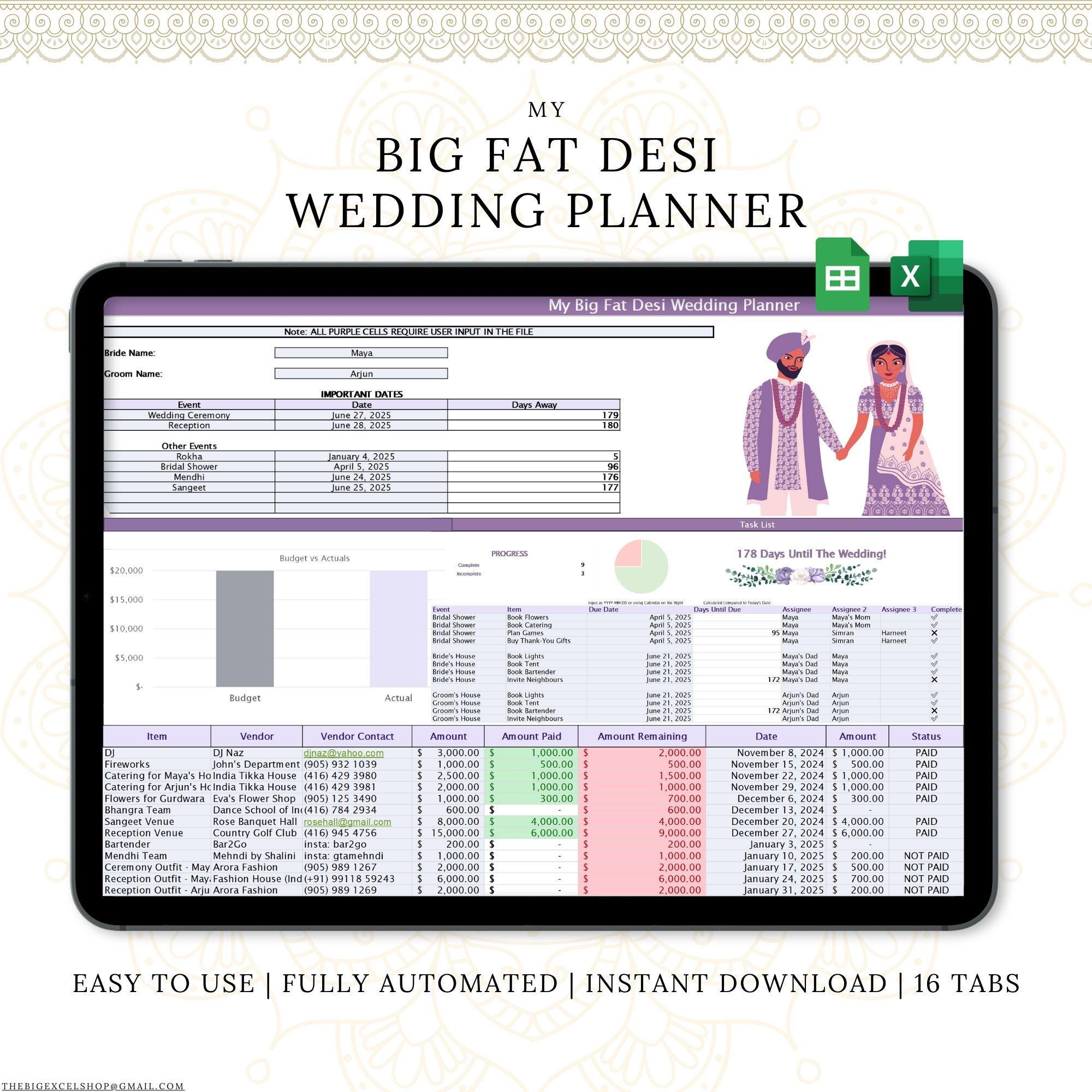 My Big Fat Desi Wedding Planner | Excel Spreadsheet | Instant Download | Sikh / Hindu / Muslim Wedding Planner |