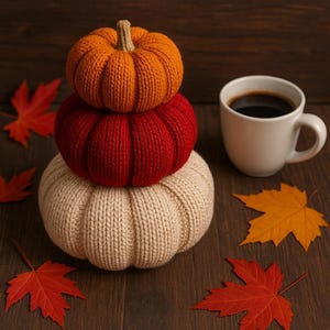 Peut inclure: Trois citrouilles tricotées empilées, orange, rouge et crème, avec une tasse de café et des feuilles d'automne. Le texte "PDF PATTERN" et "WAZISHOPMA" sont affichés. Les citrouilles sont sur une surface en bois.