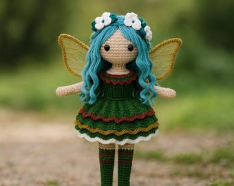 May include: A handmade crochet fairy doll with blue hair, a white flower crown, and green dress. The doll has yellow wings and is available in PDF pattern format. The image includes the text "PDF PATTERN" and flags of the USA, Spain, Germany, and France.