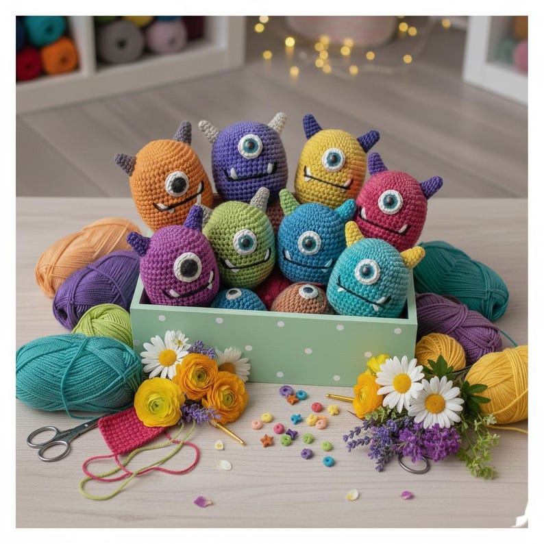 May include: A collection of colorful, crocheted monster toys in a light green box. The monsters are various colors, including orange, purple, green, blue, yellow, and pink, each with a single large eye. Yarn, flowers, and crafting supplies surround the box.