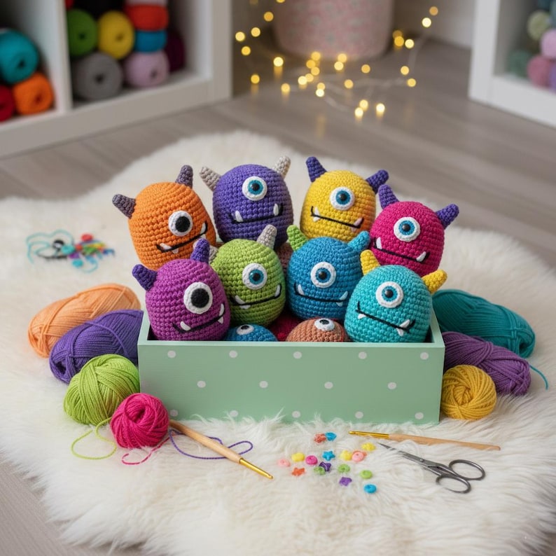 May include: A collection of colorful, crocheted monster toys in a light green polka-dotted box. The monsters are various colors, including orange, purple, yellow, green, blue, and pink. Yarn, a crochet hook, and other craft supplies surround the box.