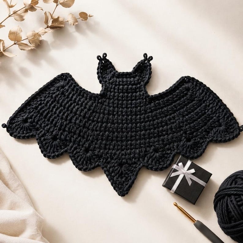 May include: A black crocheted bat applique featuring a textured stitch pattern with pointed ears and scalloped wing edges. The bat is crafted from dark yarn and displays a symmetrical shape with a central body and wide, outstretched wings.