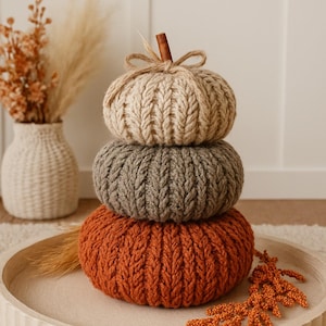 May include: A stack of three knitted pumpkins in fall colors: beige, gray, and orange. The top pumpkin has a cinnamon stick stem and a twine bow. The pumpkins are on a wooden tray, with dried floral accents, creating a seasonal autumn theme.