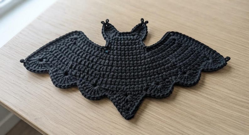 May include: A black crochet bat applique featuring a textured stitch pattern with scalloped wing edges and two pointed ears. The bat is crafted from dark yarn and displays a symmetrical shape with a central body and wide, outstretched wings.