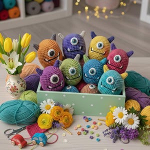 May include: A collection of colorful, crocheted monster toys with one eye, small horns, and smiling mouths. The monsters are in a light green box, surrounded by yarn, flowers, and craft supplies. Colors include orange, purple, yellow, green, and blue.