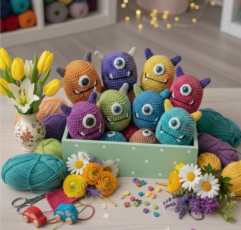 May include: A collection of colorful, crocheted monster toys with one eye, small horns, and smiling mouths. The monsters are in a light green box, surrounded by yarn, flowers, and craft supplies. Colors include orange, purple, yellow, green, and blue.